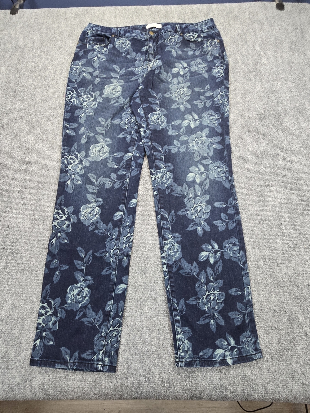 Coldwater Creek Jeans Womens 14 Blue Floral Rose Print Straight Leg Denim